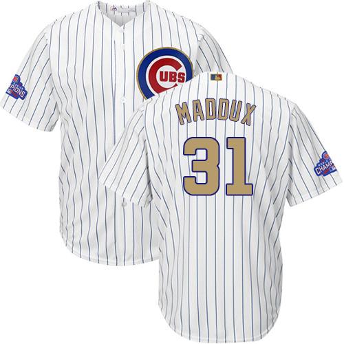 Cubs #31 Greg Maddux White(Blue Strip) Gold Program Cool Base Stitched MLB Jersey